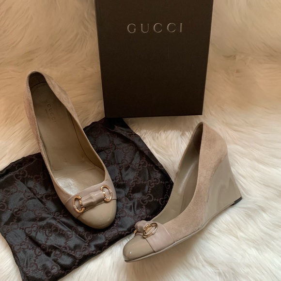Gucci Shoes - Authentic GUCCI Horsebit Patent Suede Wedges